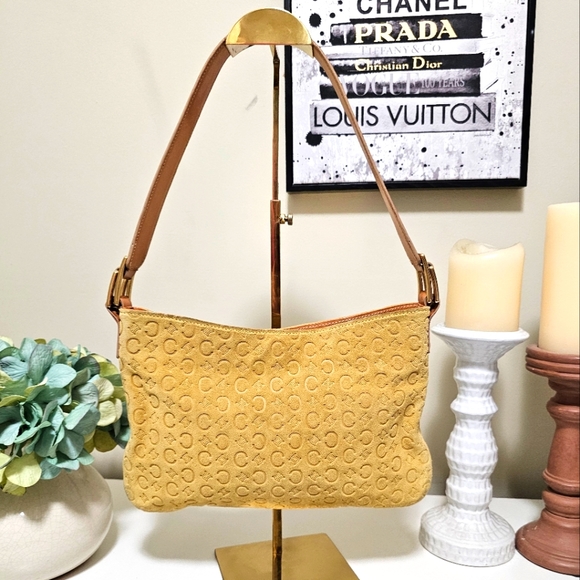 EUC CELINE C MACADAM YELLOW SUEDE BAGUETTE SHOULDER BAG - Picture 1 of 16
